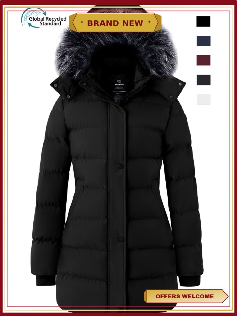 Recycled Warm Winter Coat Waterproof Long Puffer Jacket Faux Fur Hood